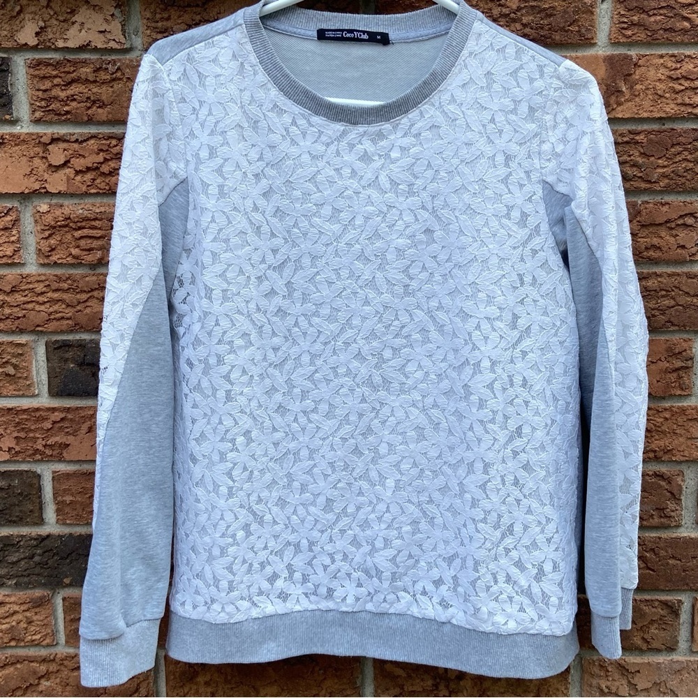 Coco Y Club grey sweatshirt with white lace overlay. Great shape. Size M